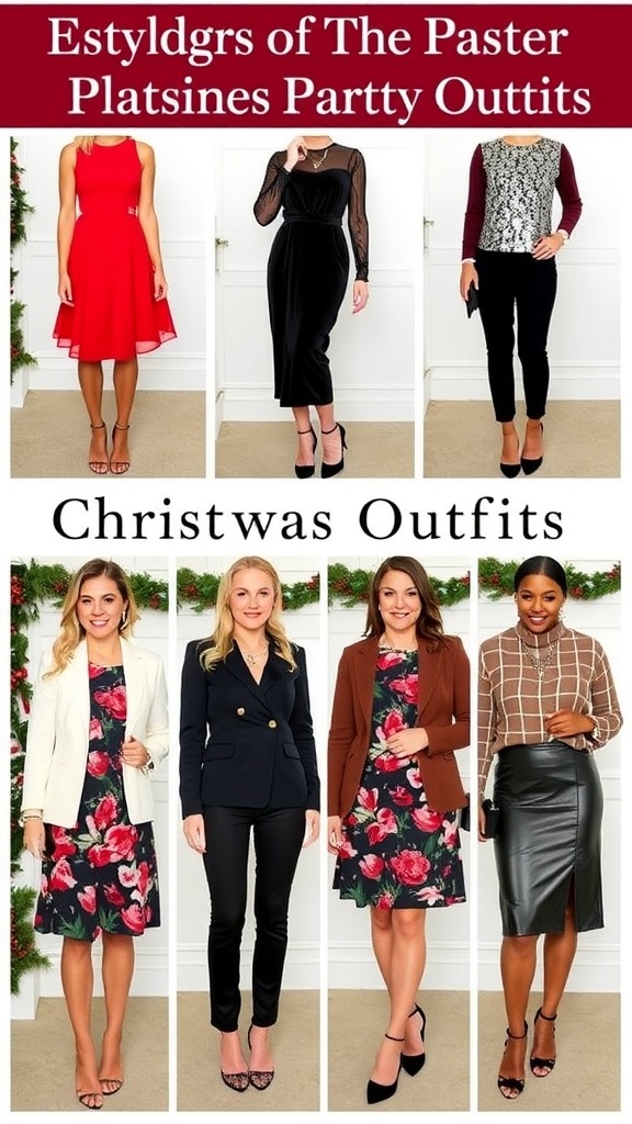 Collage of six Christmas party outfits for ladies featuring various styles and accessories.